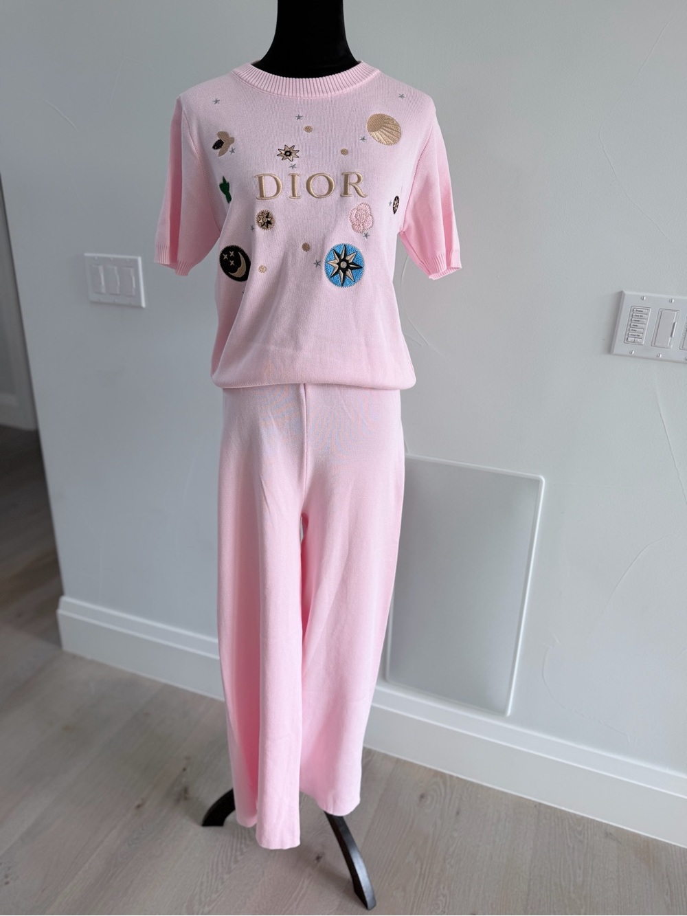 Dior Pink Logo Embellished Two-Piece Set with Wide Leg Pants size M